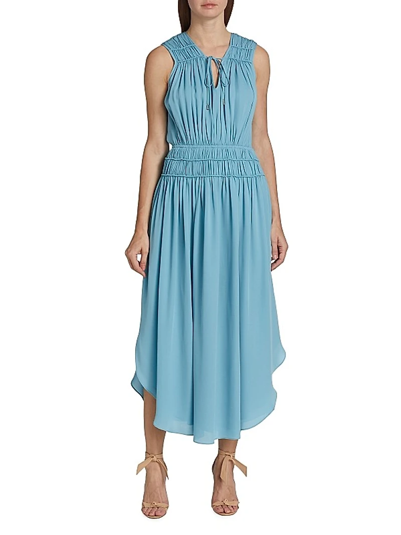 Shirred Silk Midi-Dress