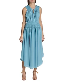 Shirred Silk Midi-Dress