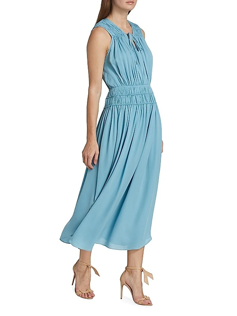 Shirred Silk Midi-Dress