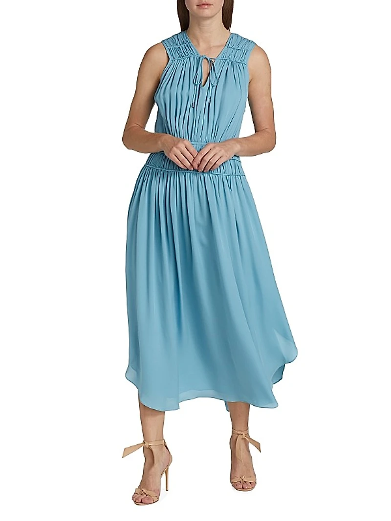 Shirred Silk Midi-Dress