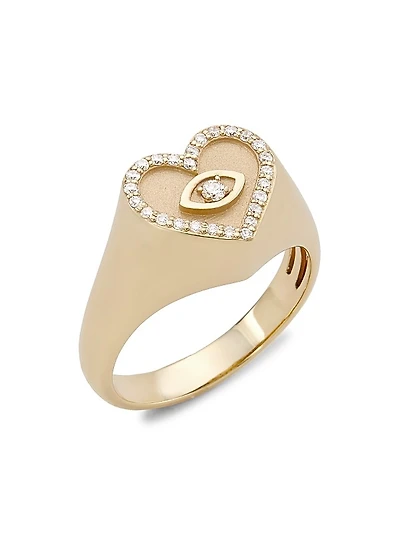 14K Yellow Gold & Diamond Evil-Eye Heart Signet Ring