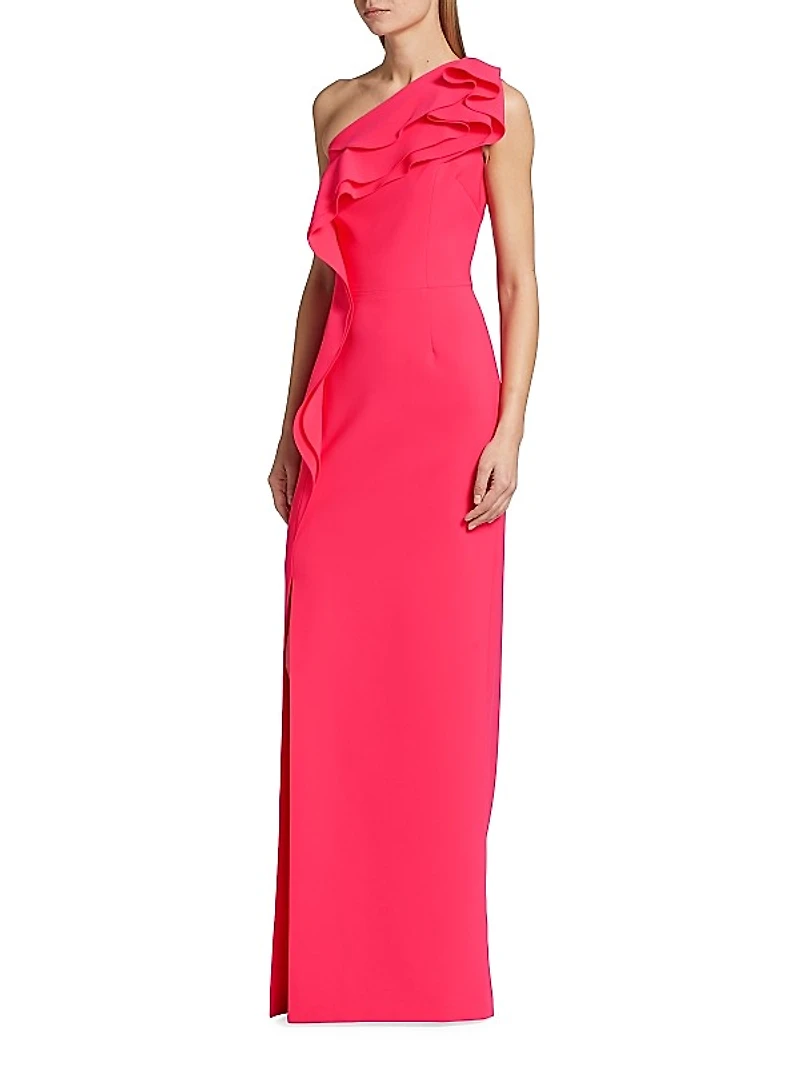 Ruffled Crepe One-Shoulder Gown