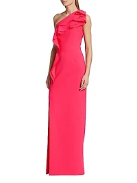 Ruffled Crepe One-Shoulder Gown
