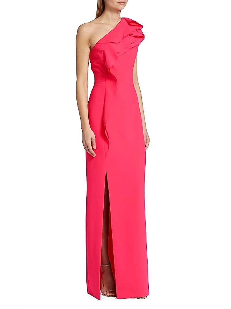 Ruffled Crepe One-Shoulder Gown
