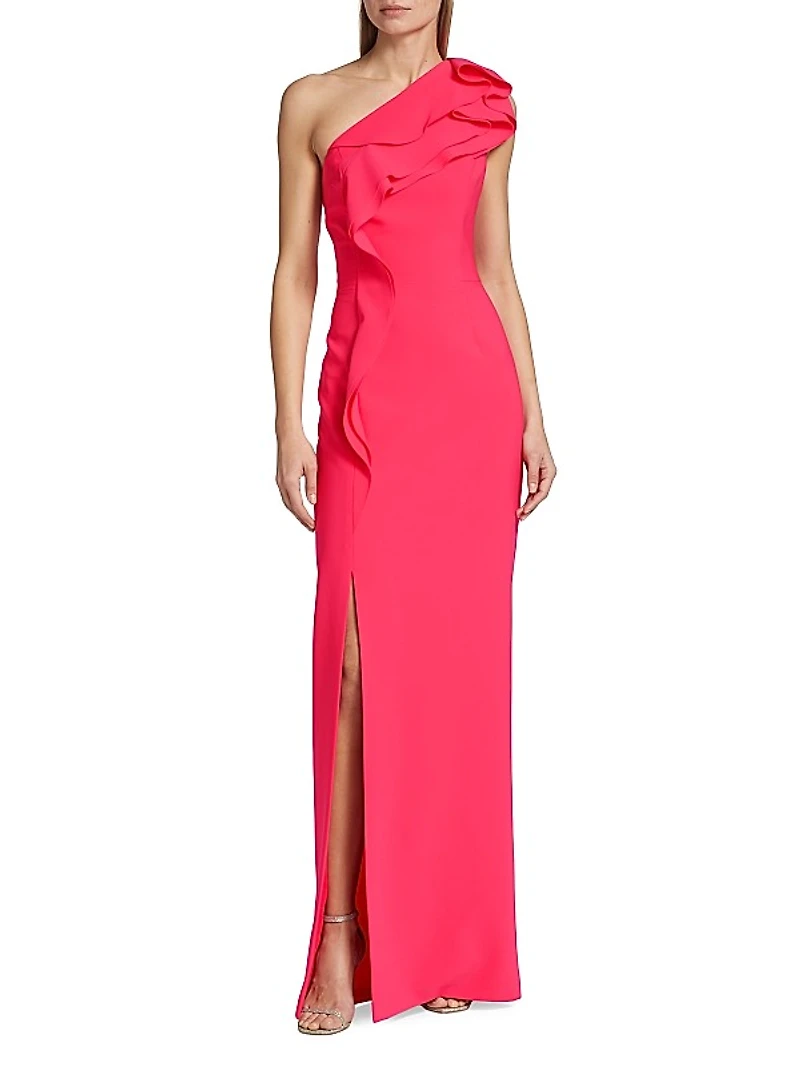 Ruffled Crepe One-Shoulder Gown