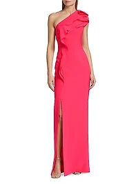 Ruffled Crepe One-Shoulder Gown