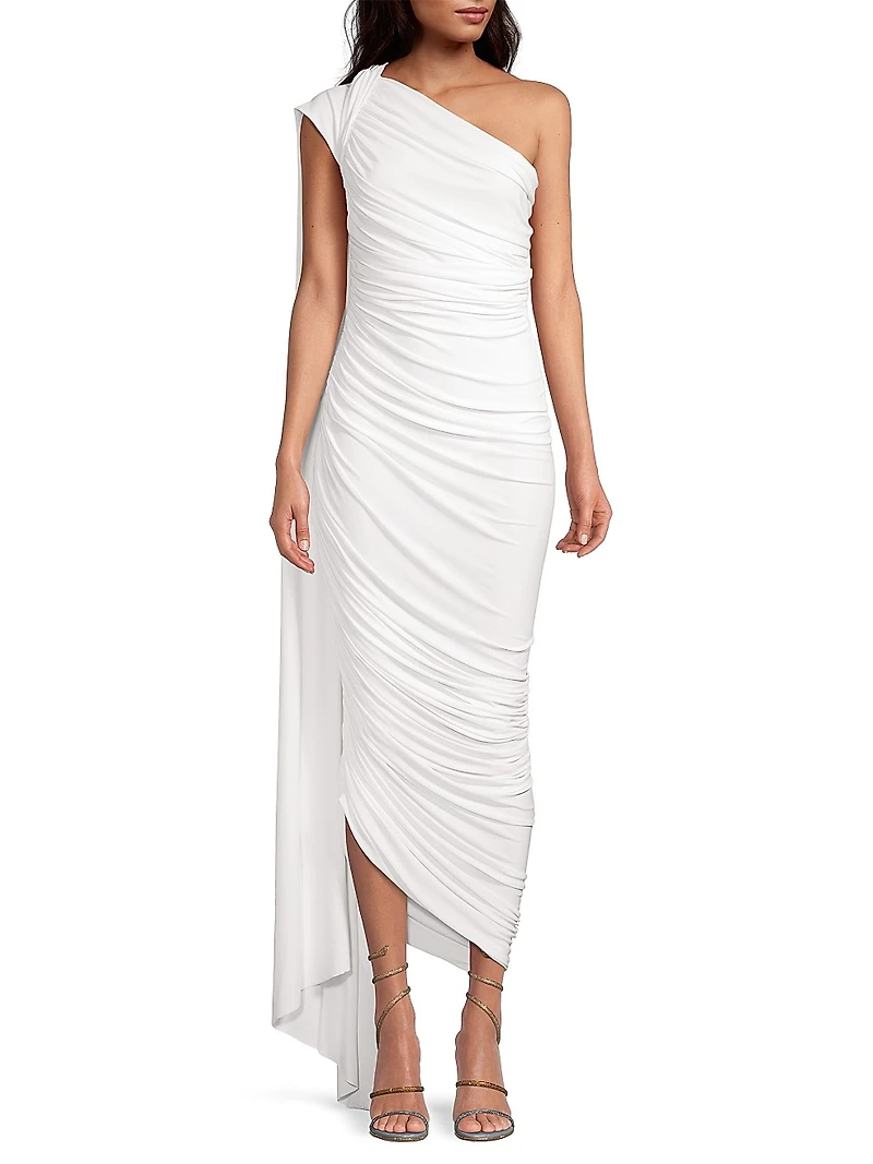 Diana Ruched One-Shoulder Capelet Gown