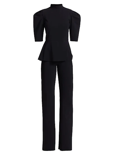 Mixed-Media Puff-Sleeve Jumpsuit
