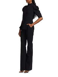 Mixed-Media Puff-Sleeve Jumpsuit