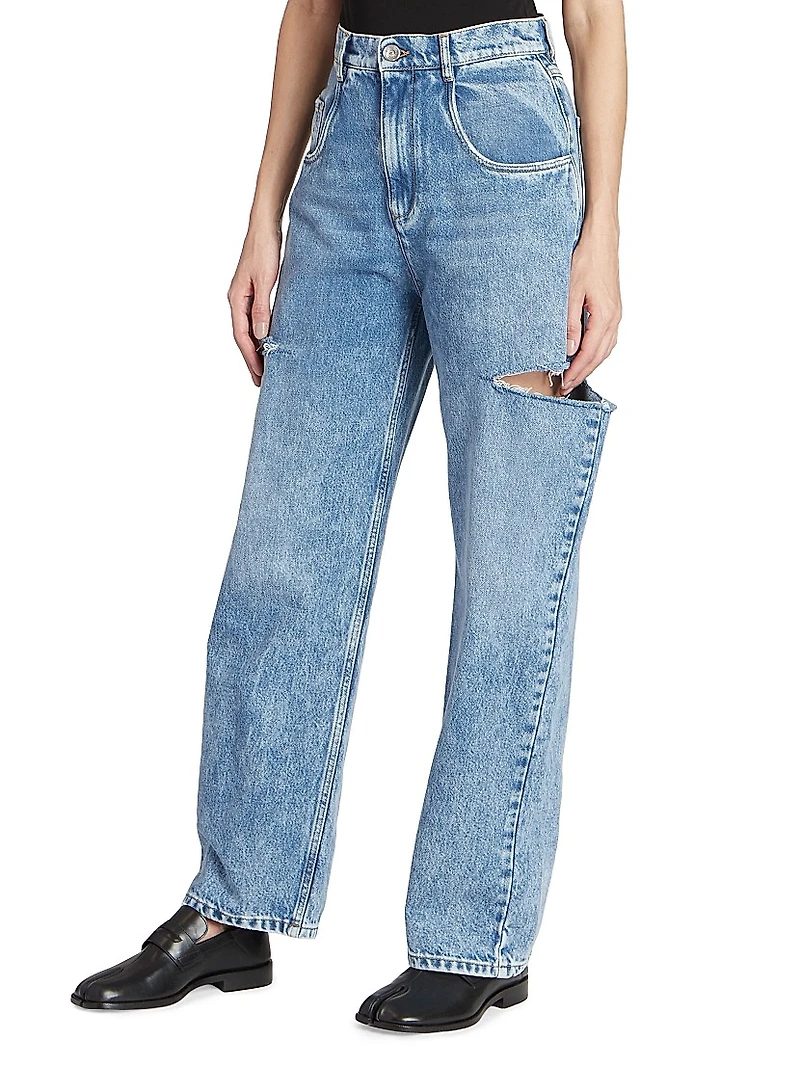 Wide-Leg Slashed Cut-Out Jeans