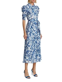Pleated Short-Sleeve Midi-Dress