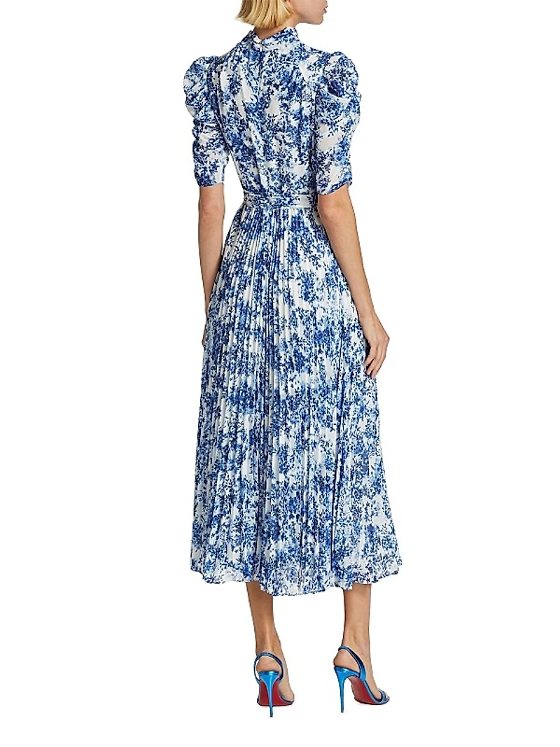 Pleated Short-Sleeve Midi-Dress
