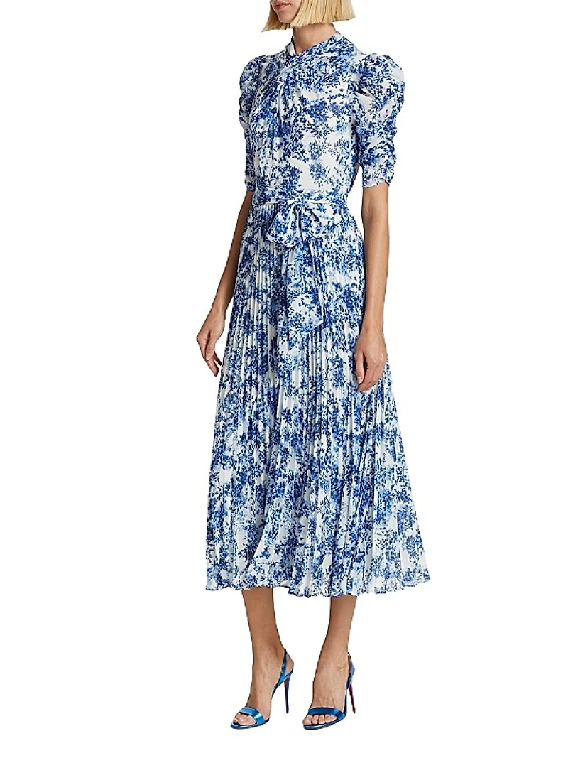 Pleated Short-Sleeve Midi-Dress