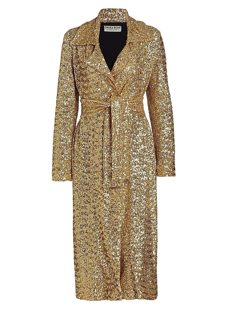 Saveria Long Sequin Wrap Coat
