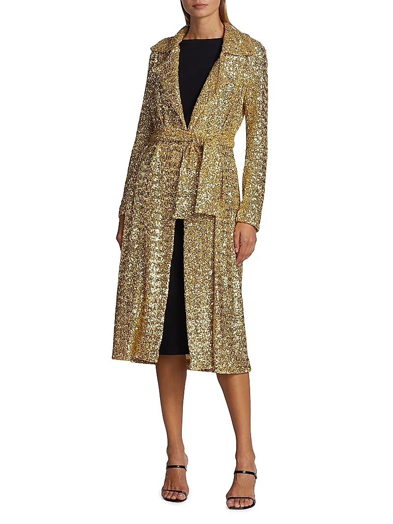 Saveria Long Sequin Wrap Coat