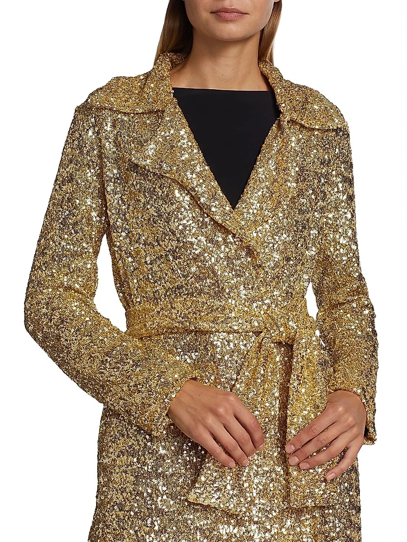 Saveria Long Sequin Wrap Coat