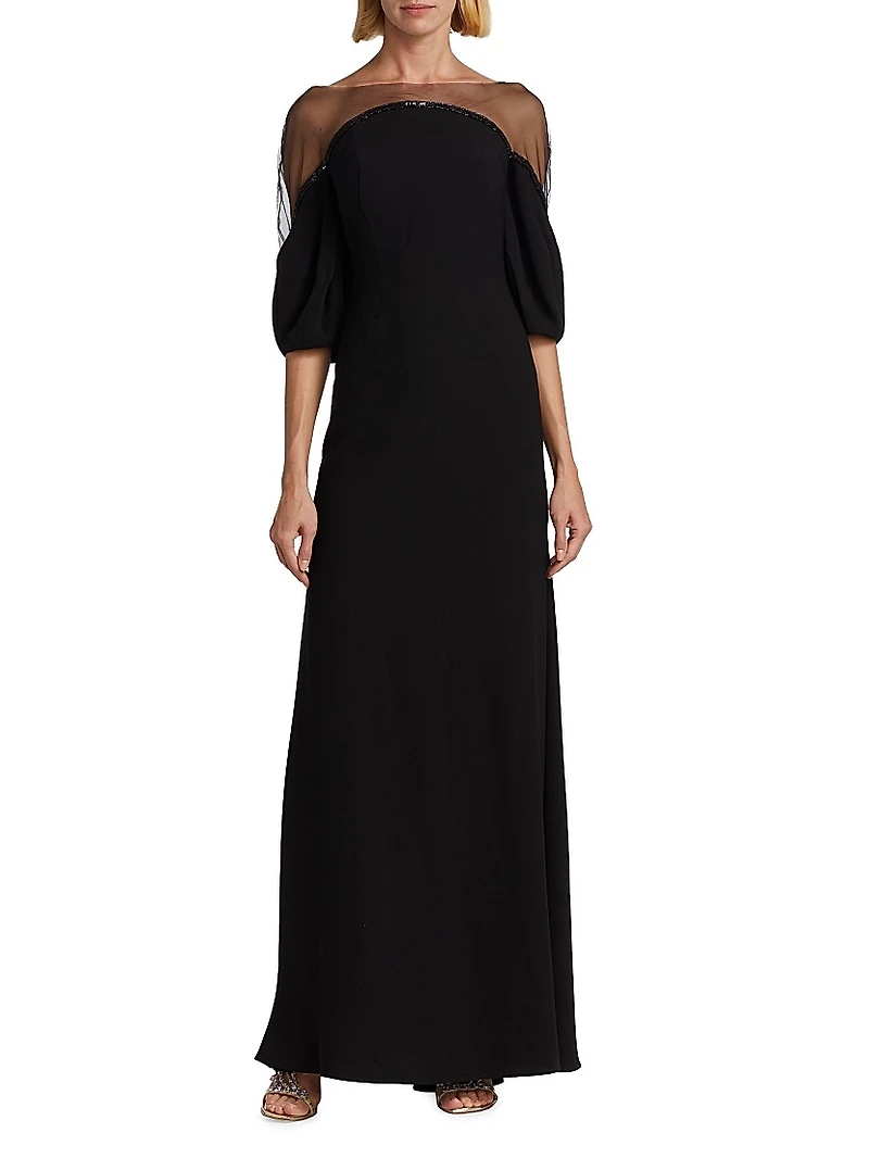 Bead-Embellished Illusion-Neck Gown