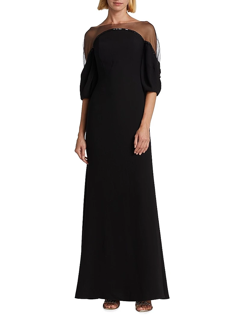 Bead-Embellished Illusion-Neck Gown