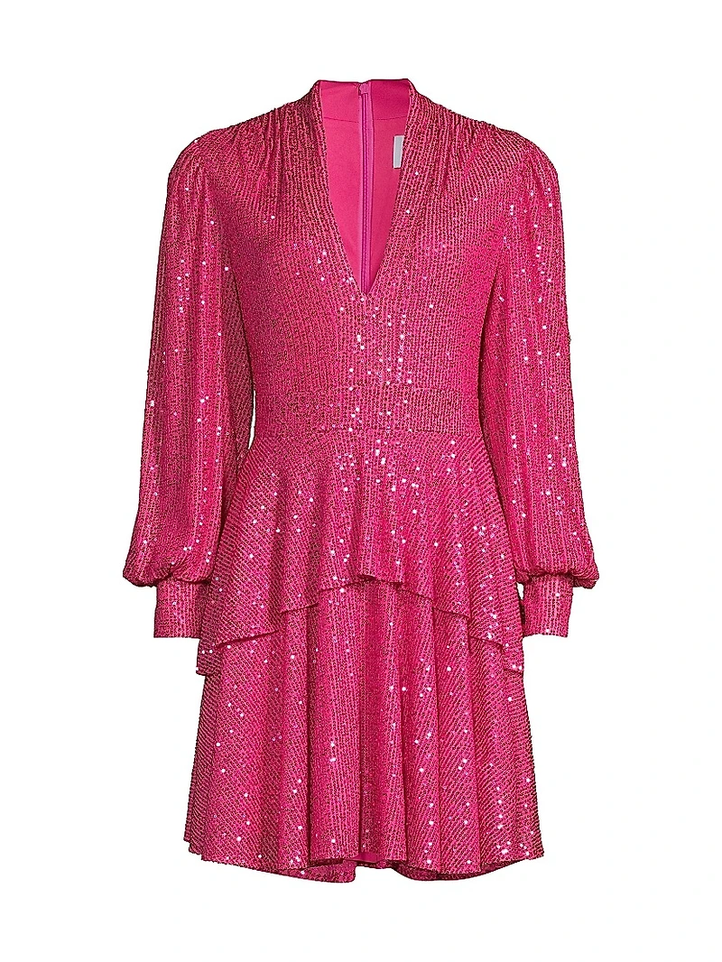 Sequined Long-Sleeve Tiered Minidress