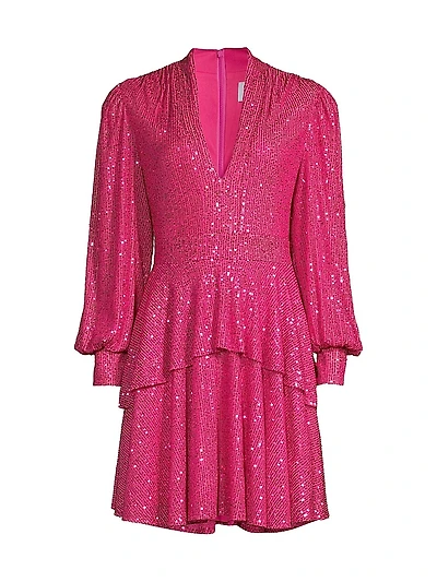 Sequined Long-Sleeve Tiered Minidress