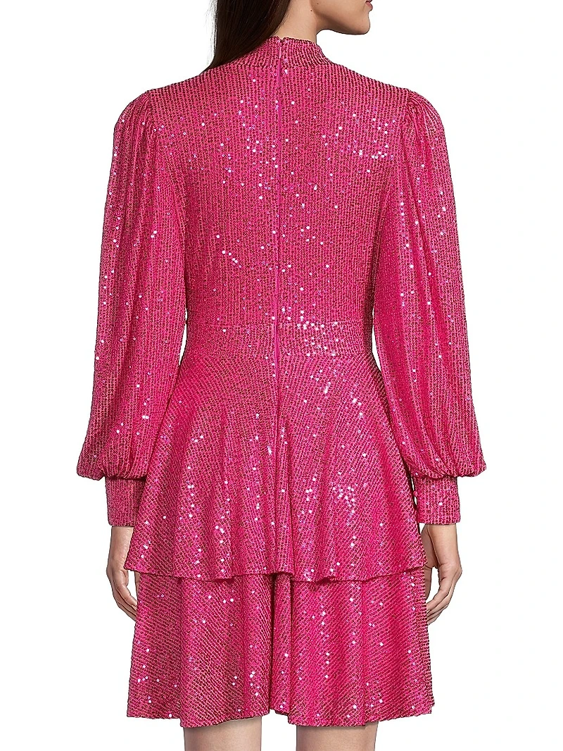 Sequined Long-Sleeve Tiered Minidress