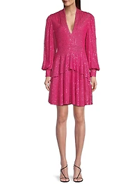 Sequined Long-Sleeve Tiered Minidress