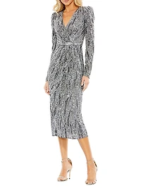 Embellished Faux Wrap Midi-Dress