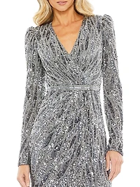 Embellished Faux Wrap Midi-Dress