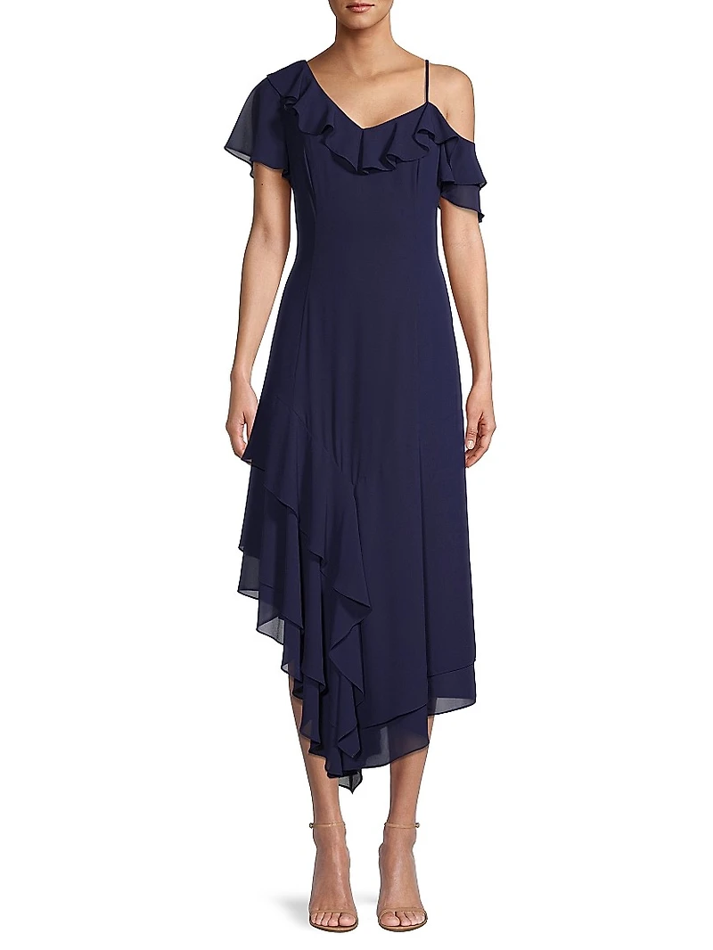 Asymmetric Ruffle Midi-Dress