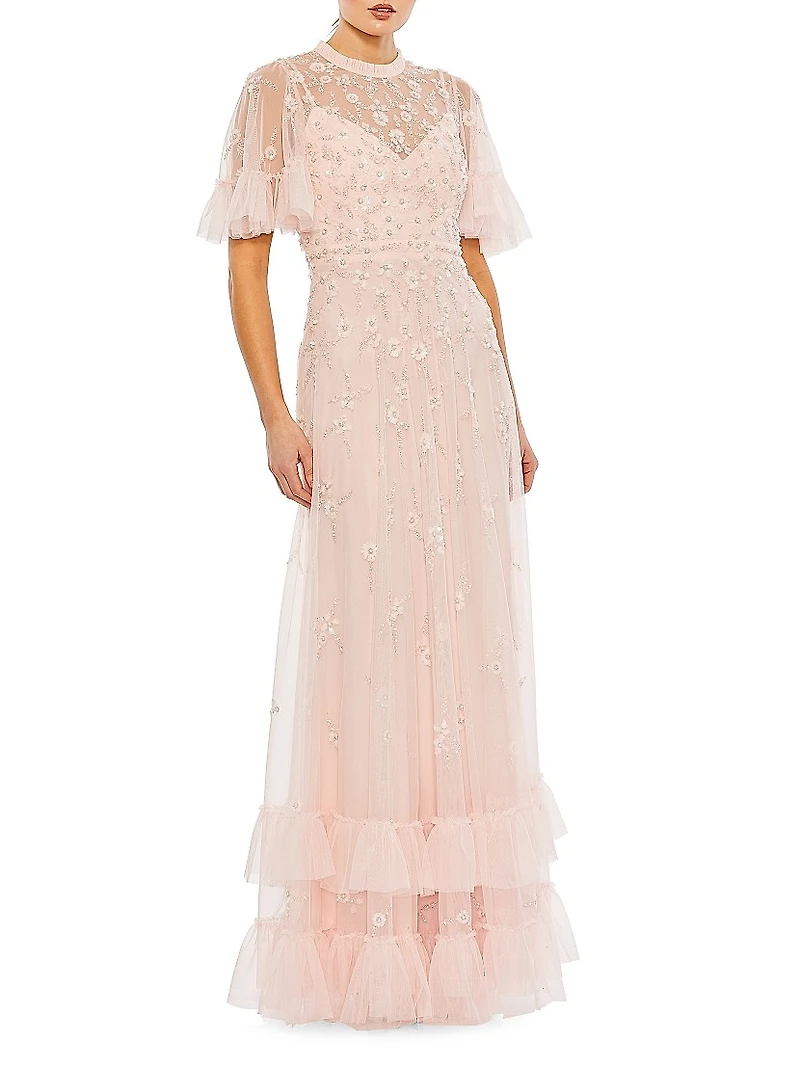 Floral Sequin-Embellished A-Line Gown