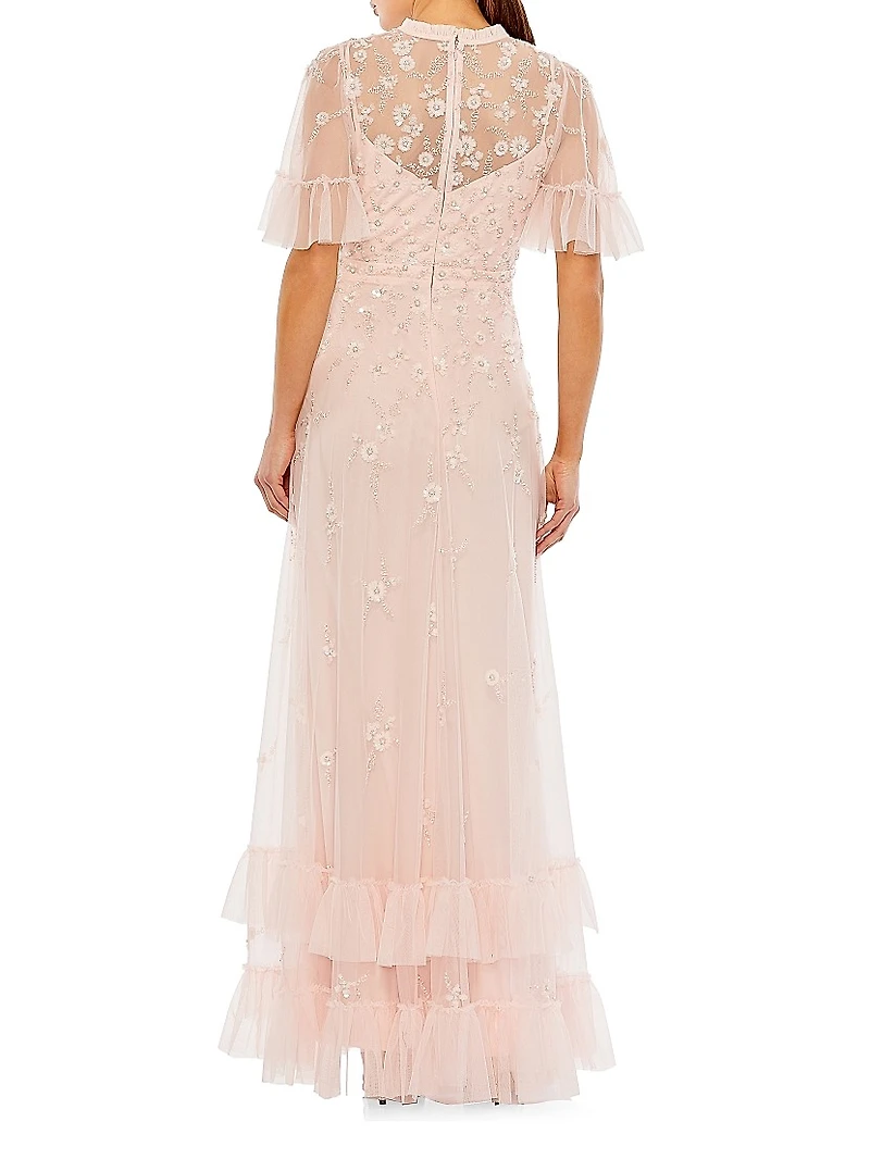 Floral Sequin-Embellished A-Line Gown