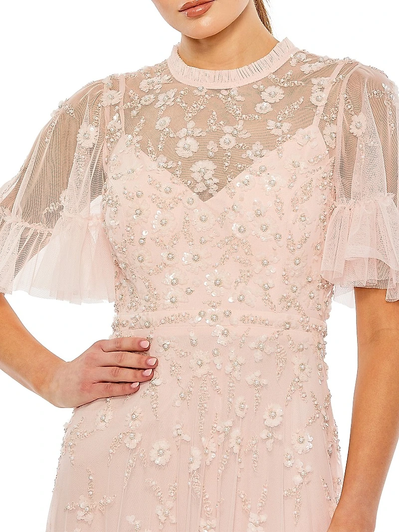 Floral Sequin-Embellished A-Line Gown