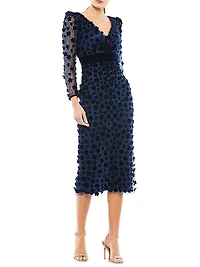 Embellished V-Neck Long-Sleeve Midi-Dress