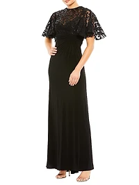 Embellished Butterfly-Sleeve Gown