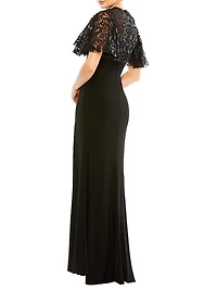 Embellished Butterfly-Sleeve Gown