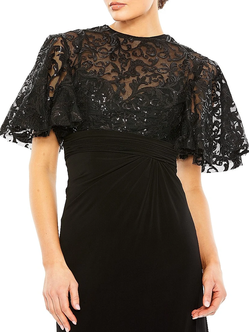 Embellished Butterfly-Sleeve Gown