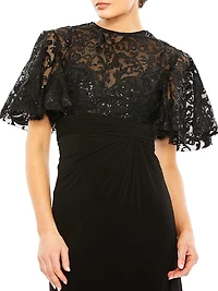 Embellished Butterfly-Sleeve Gown