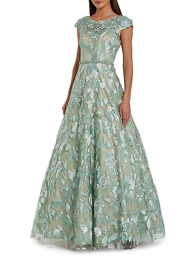 Embellished Cap-Sleeve High-Neck Gown