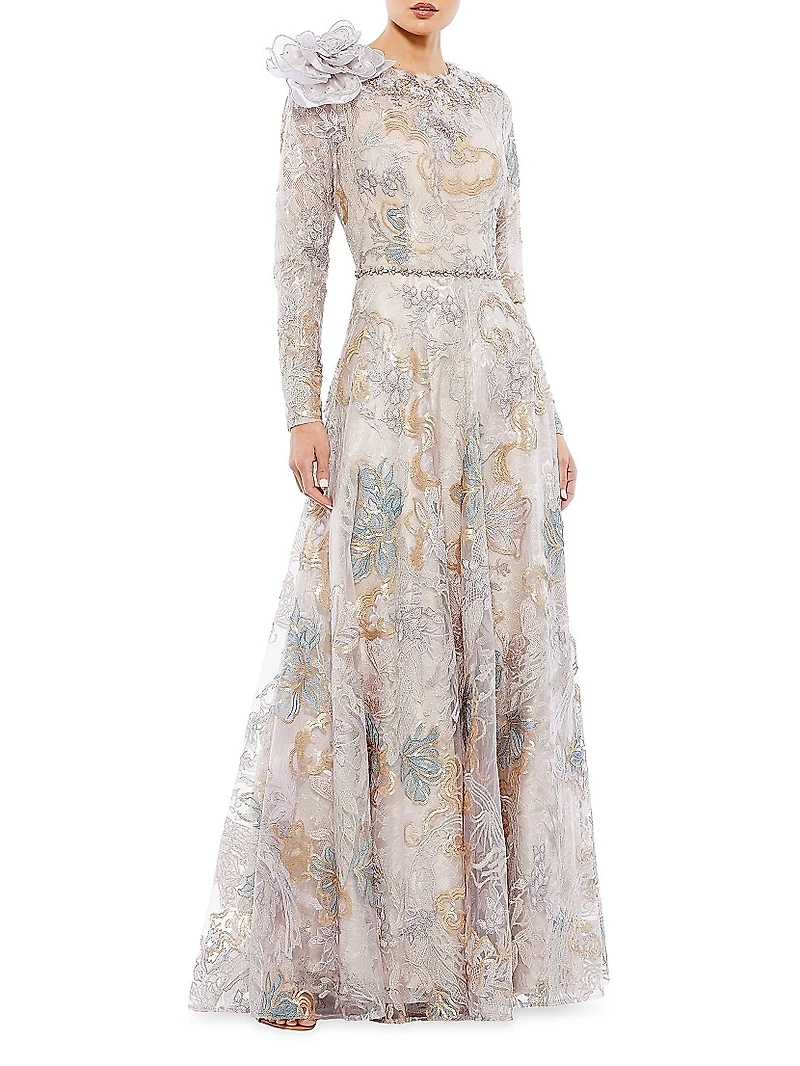 Embellished Rose-Applique Gown