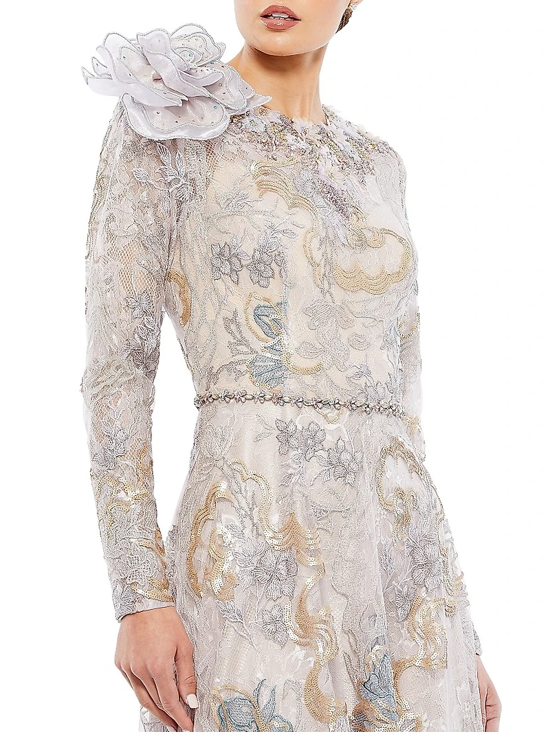 Embellished Rose-Applique Gown