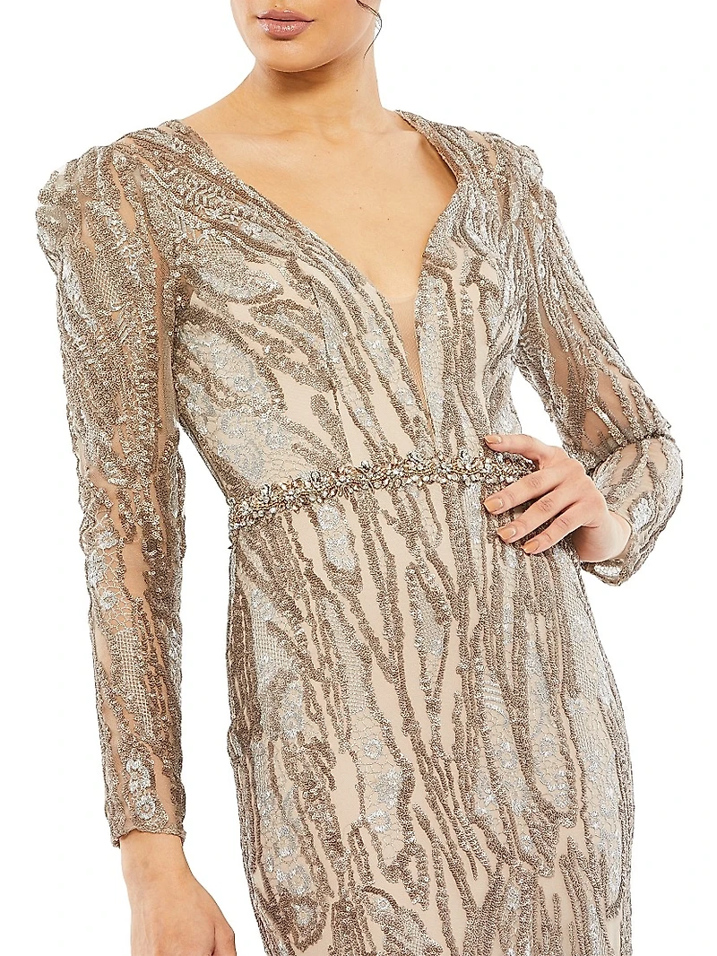 Embellished Long-Sleeve Plunge-Neck Trumpet Gown