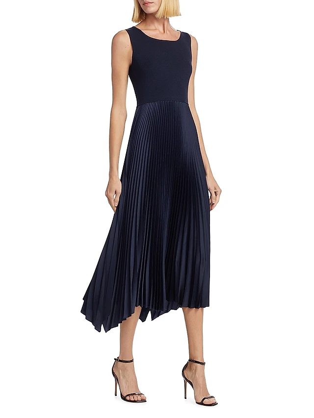elie tahari mixed media pleated midi dress Mave Pleated Long Sleeve Mixed Media Dress (Women)