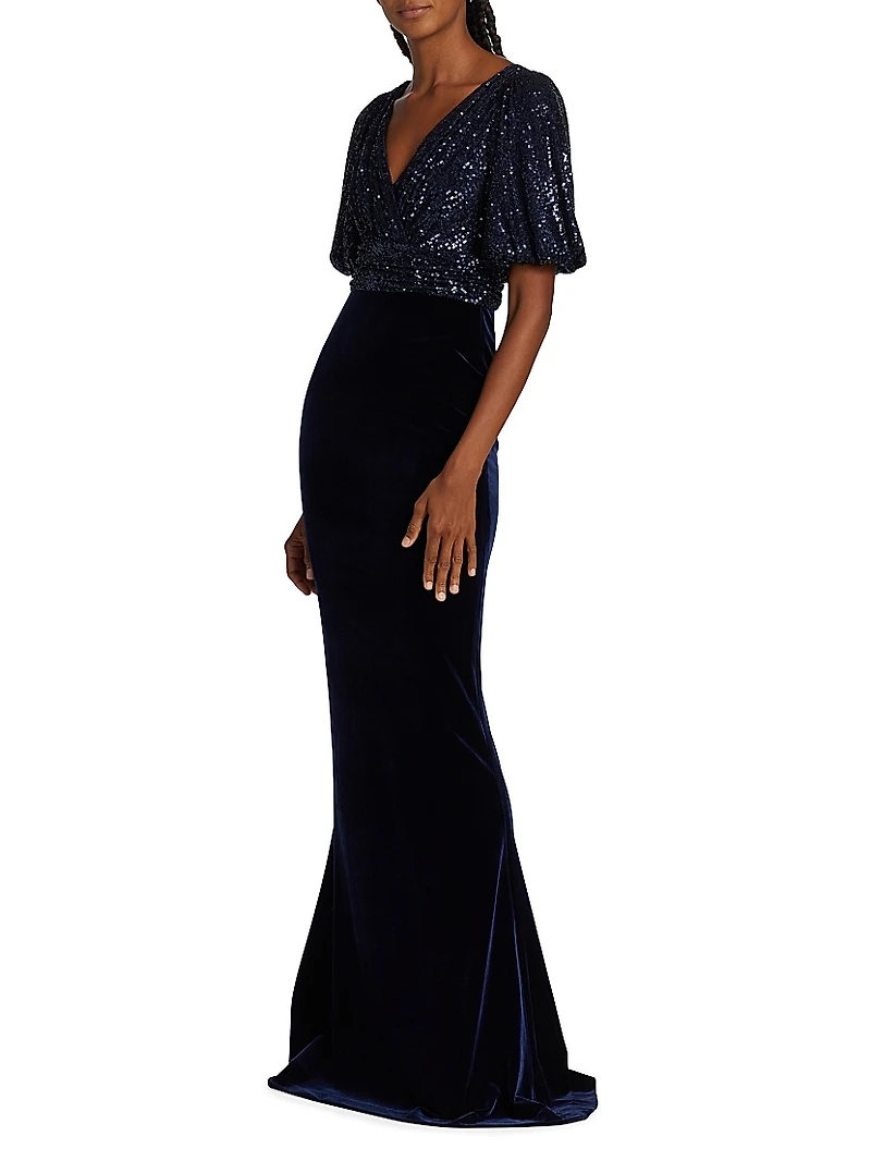 Velvet Sequined Short-Sleeve Gown
