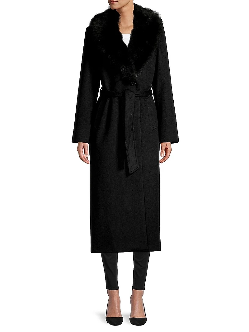 Shearling Long Belted Wrap Coat