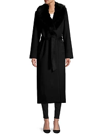 Shearling Long Belted Wrap Coat