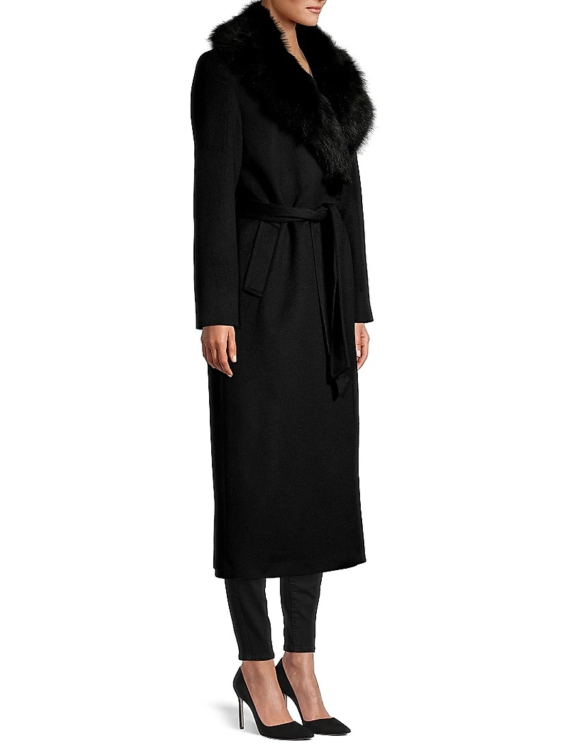 Shearling Long Belted Wrap Coat