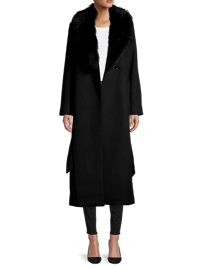 Shearling Long Belted Wrap Coat