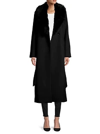 Shearling Long Belted Wrap Coat