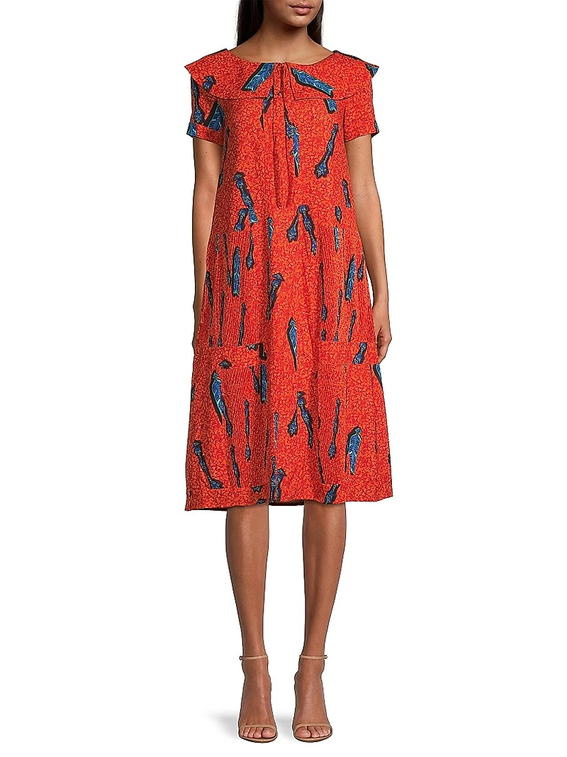 Printed Short-Sleeve Midi-Dress