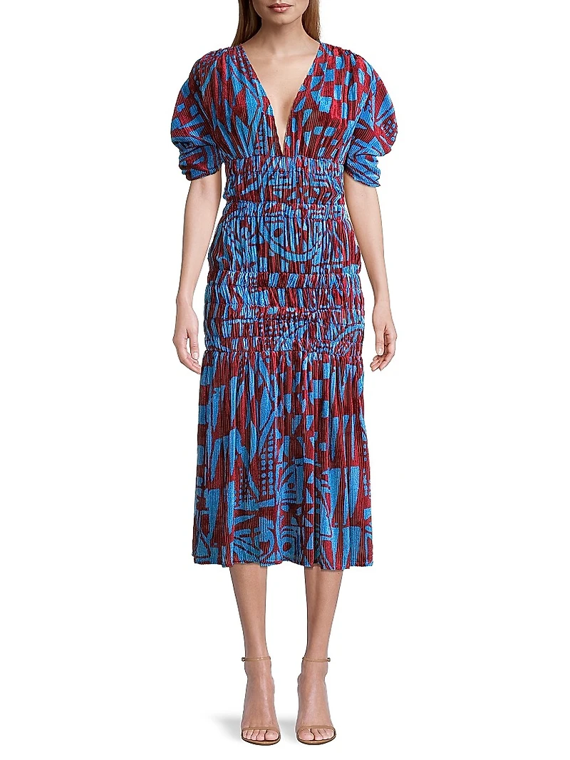 Smocked Velvet Midi-Dress